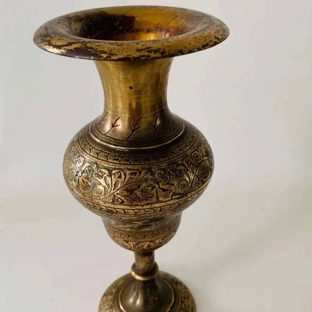 Vintage Indian Etched Florals Brass Fluted Vases Set Of 2 (7”)